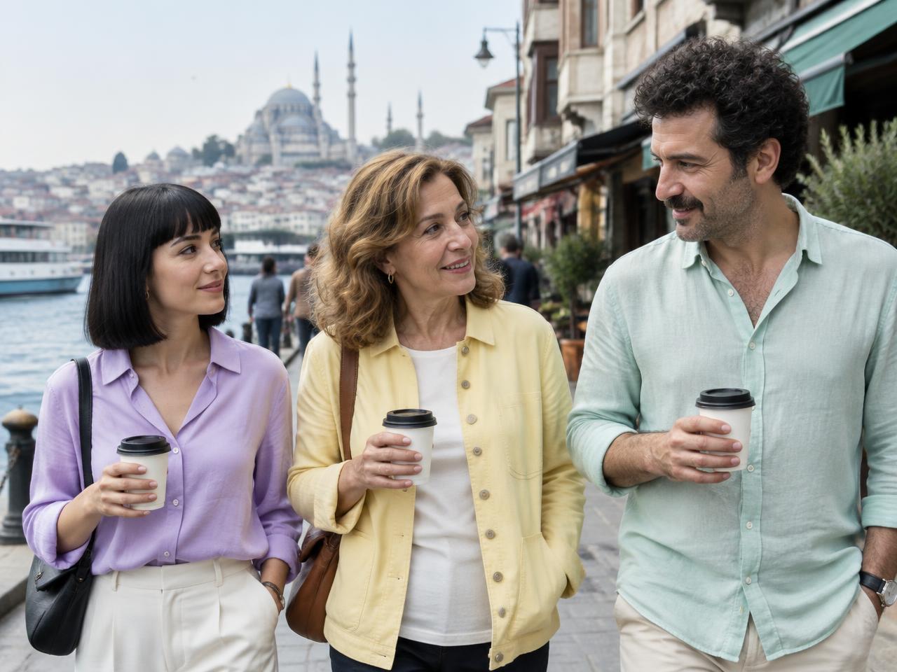30, 40 ve 50 yaşlarında üç arkadaş İstanbul sokaklarında kahveleriyle yürüyor